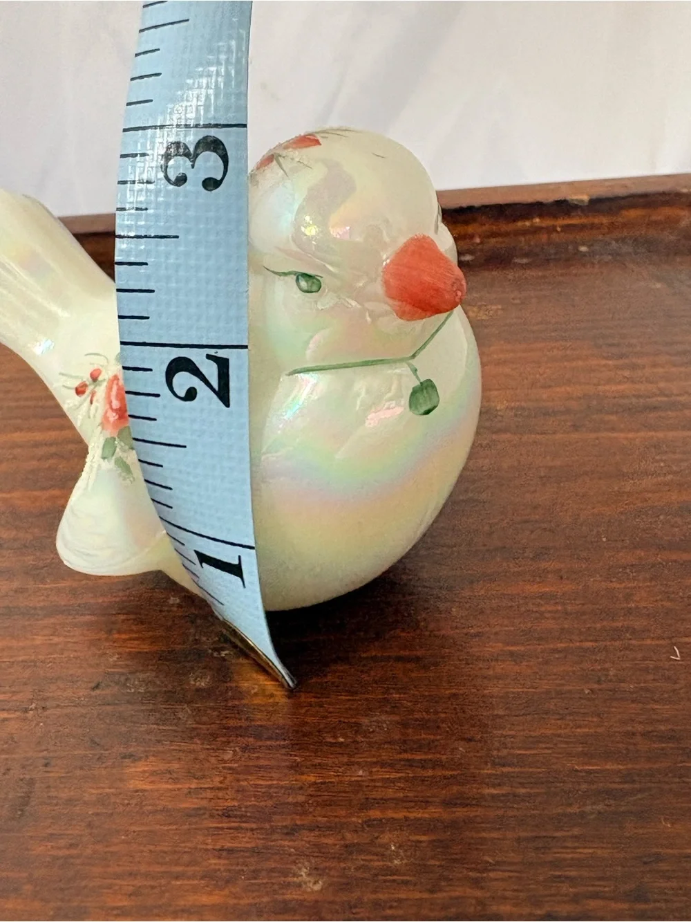 Fenton Iridescent White Ceramic Bird with Opalescent Shine and Painted Roses